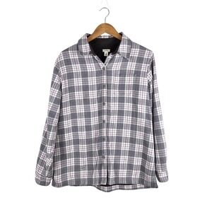 LL‎ Bean Womens Flannel Fleece Lined Shirt Jacket Gray Purple Plaid M Cabincore